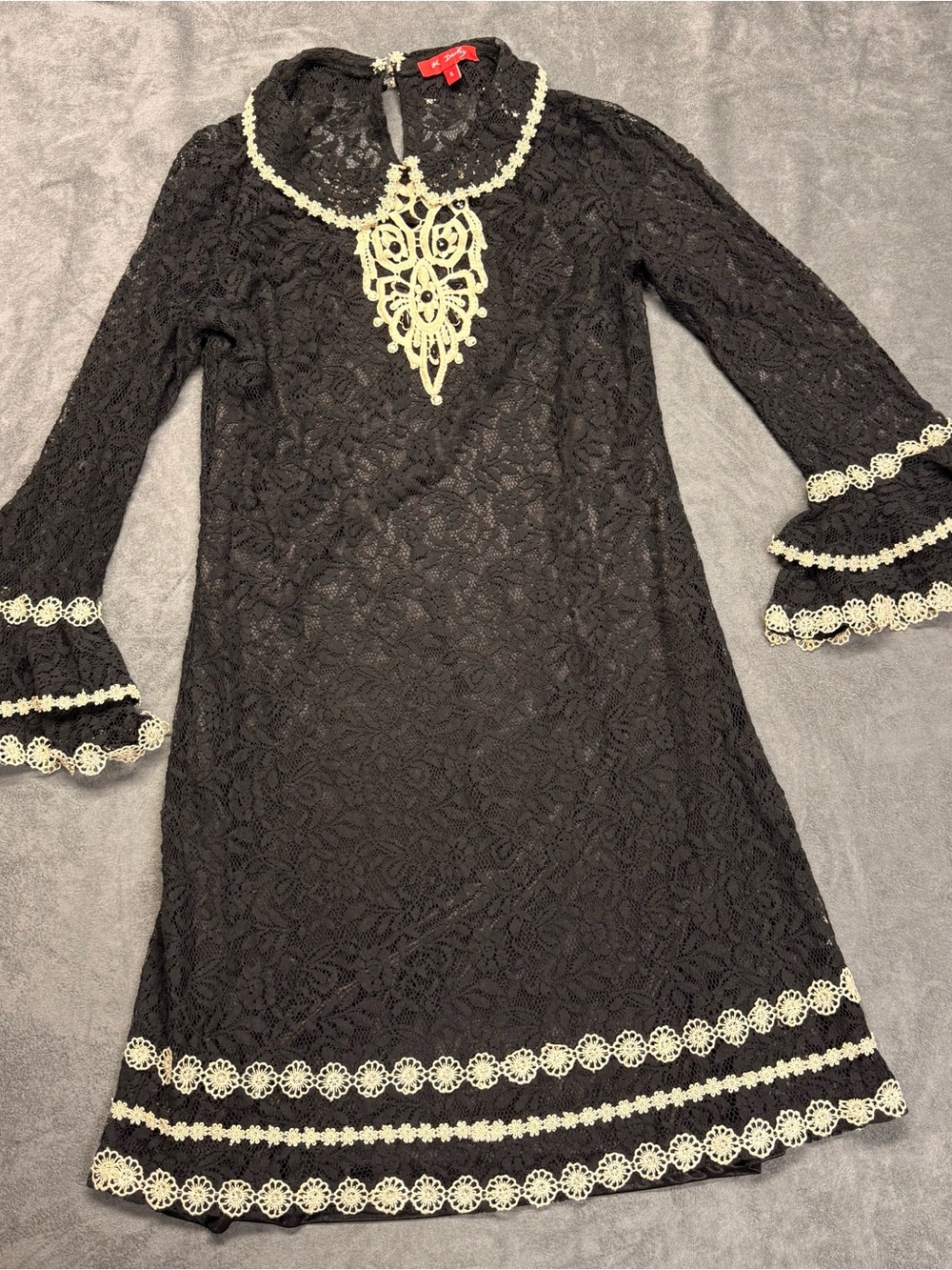 Black Lace Long-Sleeve Dress with Cream Trim - Women